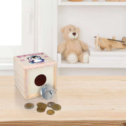 SEO. Spardose aus Holz - Schulkind - Pinguin Linkreich