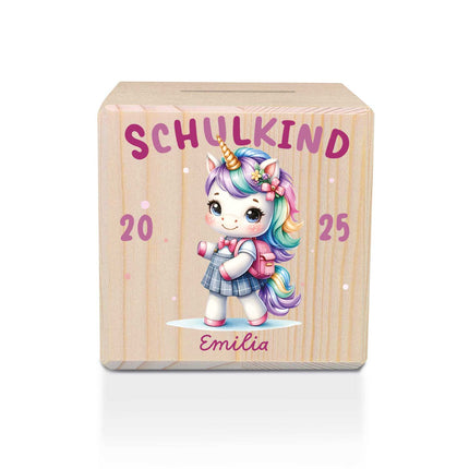 SEO. Spardose aus Holz - Schulkind - Einhorn Linkreich