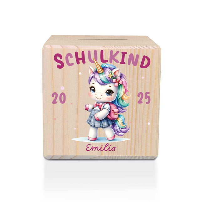 SEO. Spardose aus Holz - Schulkind - Einhorn Linkreich