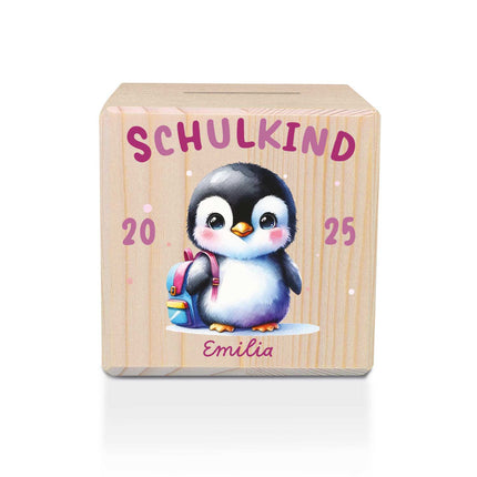 SEO. Spardose aus Holz - Schulkind - Pinguin Linkreich