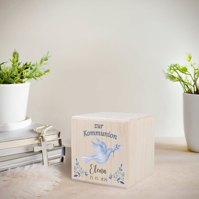 SEO. Spardose aus Holz - Taube Blau - Linkreich