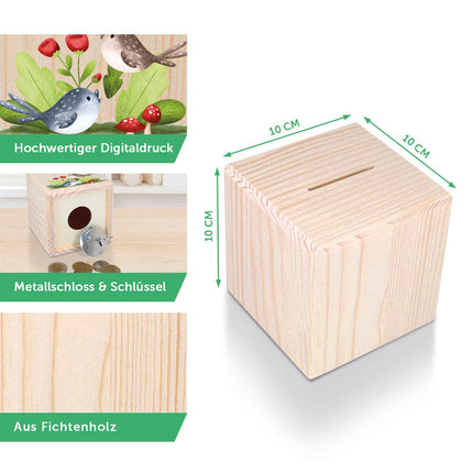 SEO. Spardose aus Holz - Taube Gold - Linkreich