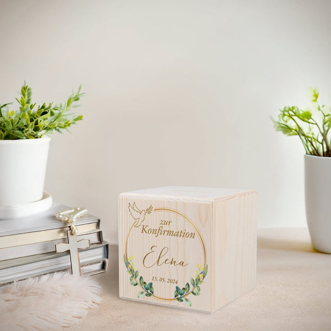 SEO. Spardose aus Holz - Taube Gold - Linkreich