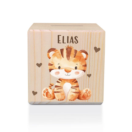 SEO. Spardose aus Holz - Tiere Kinder - Tiger Linkreich