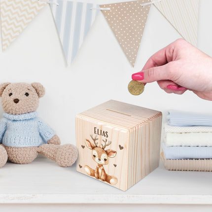 SEO. Spardose aus Holz - Tiere Kinder - Reh Linkreich