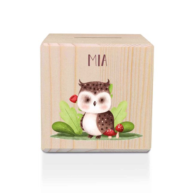SEO. Spardose aus Holz - Waldtiere - Eule Linkreich