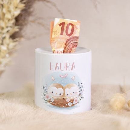 SEO. Spardose aus Keramik - Baby Eulen - Linkreich