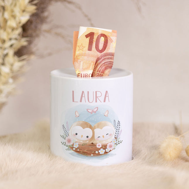 SEO. Spardose aus Keramik - Baby Eulen - Linkreich
