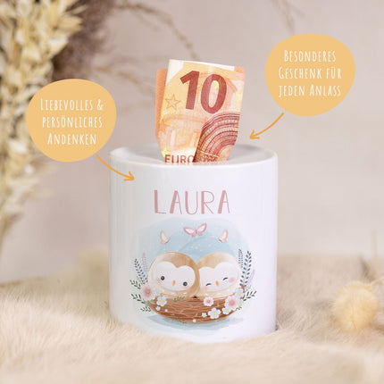 SEO. Spardose aus Keramik - Baby Eulen - Linkreich