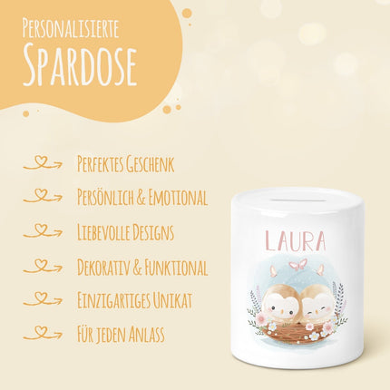 SEO. Spardose aus Keramik - Baby Eulen - Linkreich