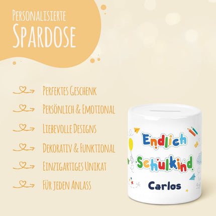 SEO. Spardose aus Keramik - Endlich Schulkind - Motiv 2 Linkreich