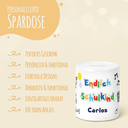 SEO. Spardose aus Keramik - Endlich Schulkind - Motiv 1 Linkreich
