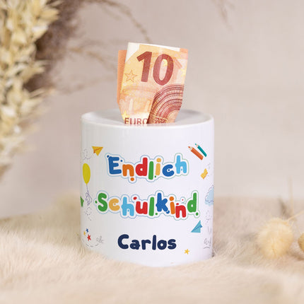 SEO. Spardose aus Keramik - Endlich Schulkind - Motiv 2 Linkreich