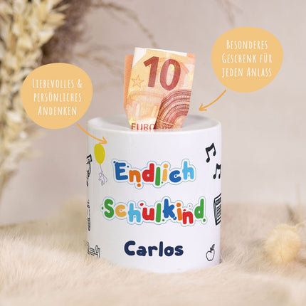 SEO. Spardose aus Keramik - Endlich Schulkind - Motiv 1 Linkreich