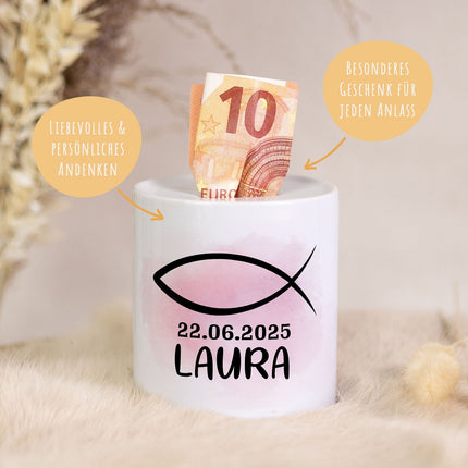 SEO. Spardose aus Keramik - Konfirmation - Spardose Rosa Linkreich