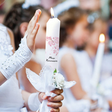 SEO. Stabkerze "Kirschblüten" - Kommunion Kerze mit Namen & Datum - Linkreich