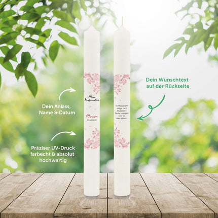 SEO. Stabkerze "Kirschblüten" - Kommunion Kerze mit Namen & Datum - Linkreich
