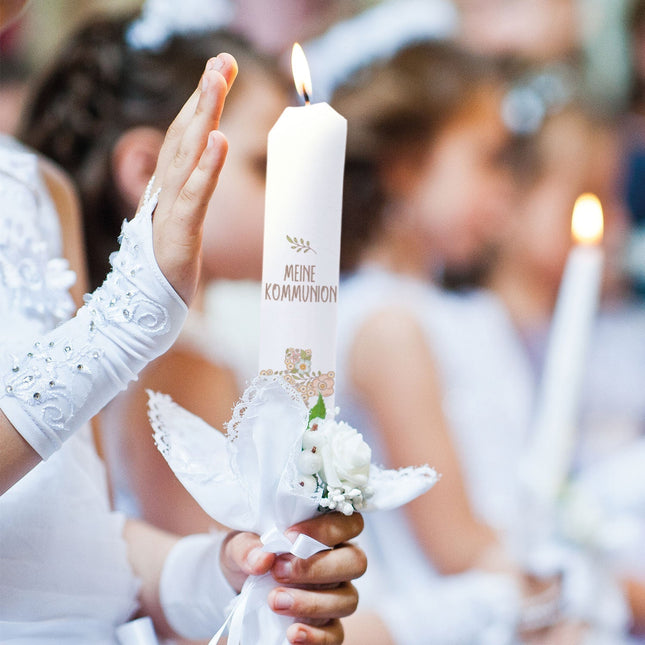 SEO. Stabkerze "Kreuz Blumen" - Kommunion Kerze mit Namen & Datum - Linkreich