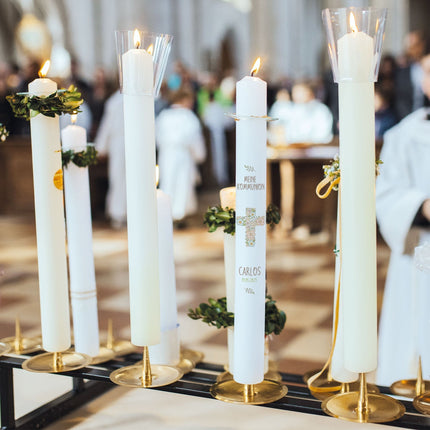 SEO. Stabkerze "Kreuz Blumen" - Kommunion Kerze mit Namen & Datum - Linkreich