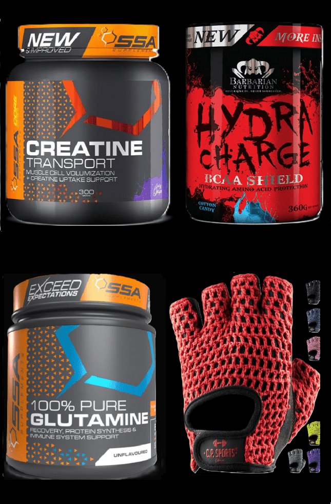 SEO. Starter 4er Paket: Creatine + BCAA Amino + L - Glutamine + Handschuhe - XS Linkreich
