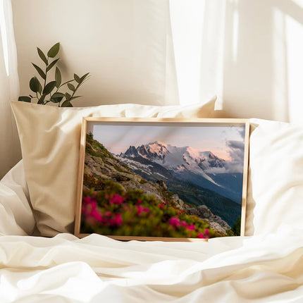 Mont Blanc Sunset Wall Art Print – Chamonix Alpine Landscape with Flowers