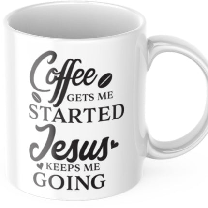 SEO. Tasse mit Spruch "Coffee gets me started, Jesus keeps me going" Kirche Kaffee Büro - Linkreich