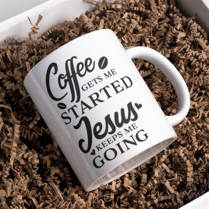 SEO. Tasse mit Spruch "Coffee gets me started, Jesus keeps me going" Kirche Kaffee Büro - Linkreich