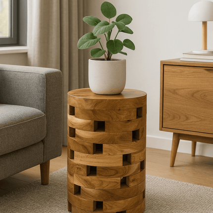 Teakholz Beistelltisch – Handgefertigt im Laminated Block Design - Natürlicher Holztisch aus Teak - Wohnzimmer & Schlafzimmer - 35x35x50 cm (Beistelltisch) kaufen bei Linkreich – Jetzt entdecken!