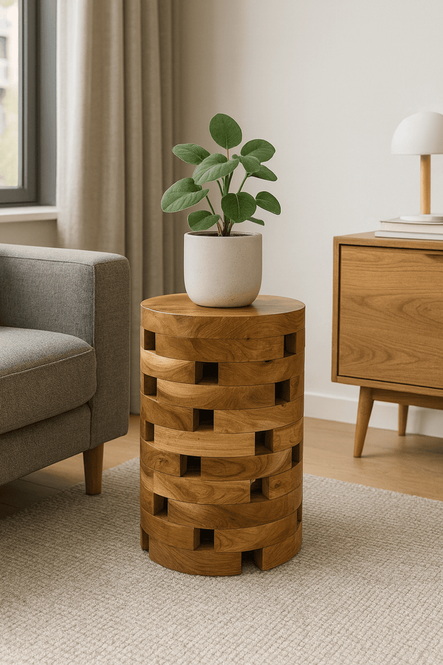 Teakholz Beistelltisch – Handgefertigt im Laminated Block Design - Natürlicher Holztisch aus Teak - Wohnzimmer & Schlafzimmer - 35x35x50 cm (Beistelltisch) kaufen bei Linkreich – Jetzt entdecken!