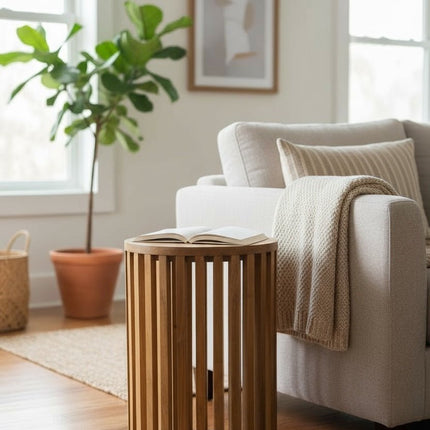 Teakholz - Beistelltisch - Holzhocker Couchtisch - Handgefertigt aus Massivholz – Holzleisten Rund - 50x30x30 cm () kaufen bei Linkreich – Jetzt entdecken!