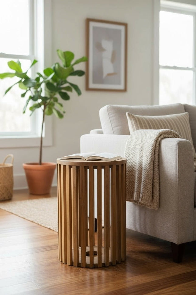 Teakholz - Beistelltisch - Holzhocker Couchtisch - Handgefertigt aus Massivholz – Holzleisten Rund - 50x30x30 cm () kaufen bei Linkreich – Jetzt entdecken!