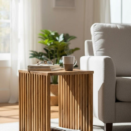 Teakholz - Beistelltisch - Holzhocker Couchtisch - Handgefertigt aus Massivholz – Holzleisten Würfel - 45x35x40 cm () kaufen bei Linkreich – Jetzt entdecken!