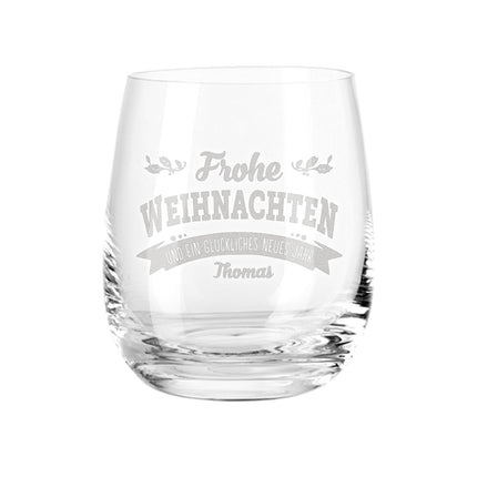 SEO. Teelicht mit Gravur - Frohe Weihnachten, Glückliches neues Jahr - Personalisiert mit Name - Linkreich
