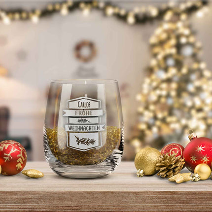 SEO. Teelicht mit Gravur - Weihnachtsdeko - Frohe Weihnachten Ast - Personalisiert mit Name - Linkreich