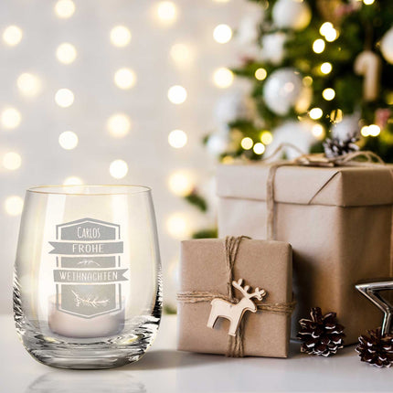 SEO. Teelicht mit Gravur - Weihnachtsdeko - Frohe Weihnachten Ast - Personalisiert mit Name - Linkreich