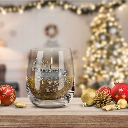 SEO. Teelicht mit Gravur - Weihnachtsdeko - Frohe Weihnachten Vögel - Personalisiert mit Name - Linkreich
