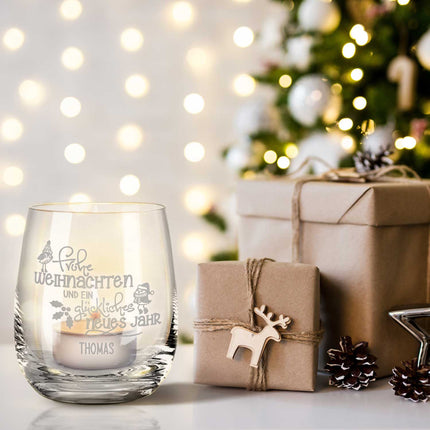SEO. Teelicht mit Gravur - Weihnachtsdeko - Frohe Weihnachten Vögel - Personalisiert mit Name - Linkreich