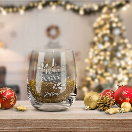 SEO. Teelicht mit Gravur - Weihnachtsdeko - Merry Christmas Swirls - Personalisiert mit Name - Linkreich