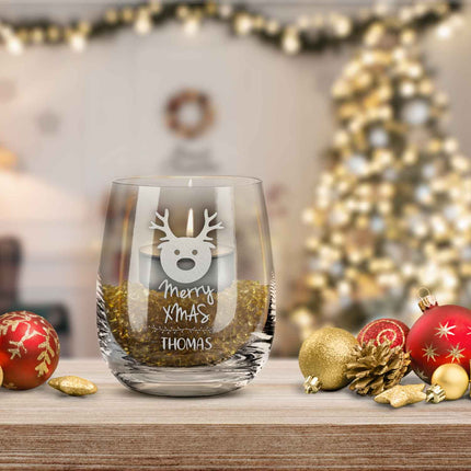SEO. Teelicht mit Gravur - Weihnachtsdeko - Merry X Mas - Personalisiert mit Name - Linkreich
