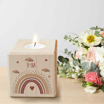 SEO. Teelichthalter aus Holz mit UV Druck - Regenbogen Design - Personalisiert mit Namen - Rot Linkreich