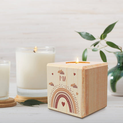 SEO. Teelichthalter aus Holz mit UV Druck - Regenbogen Design - Personalisiert mit Namen - Rot Linkreich