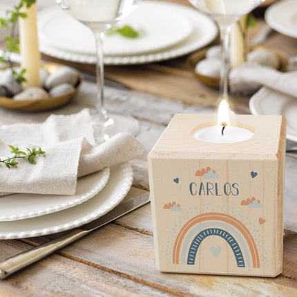SEO. Teelichthalter aus Holz mit UV Druck - Regenbogen Design - Personalisiert mit Namen - Blau Linkreich