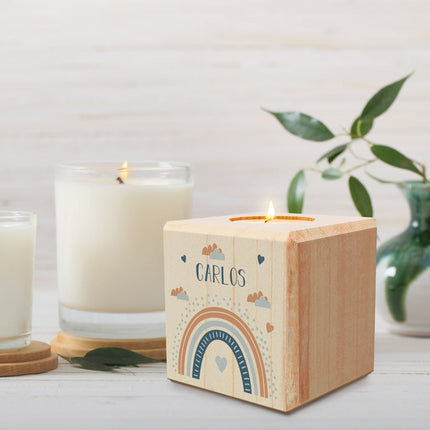 SEO. Teelichthalter aus Holz mit UV Druck - Regenbogen Design - Personalisiert mit Namen - Blau Linkreich