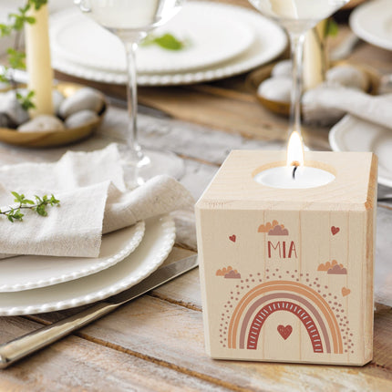 SEO. Teelichthalter aus Holz mit UV Druck - Regenbogen Design - Personalisiert mit Namen - Rot Linkreich