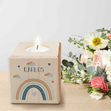 SEO. Teelichthalter aus Holz mit UV Druck - Regenbogen Design - Personalisiert mit Namen - Blau Linkreich