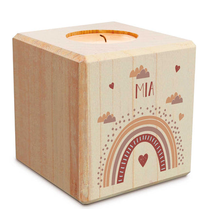 SEO. Teelichthalter aus Holz mit UV Druck - Regenbogen Design - Personalisiert mit Namen - Rot Linkreich