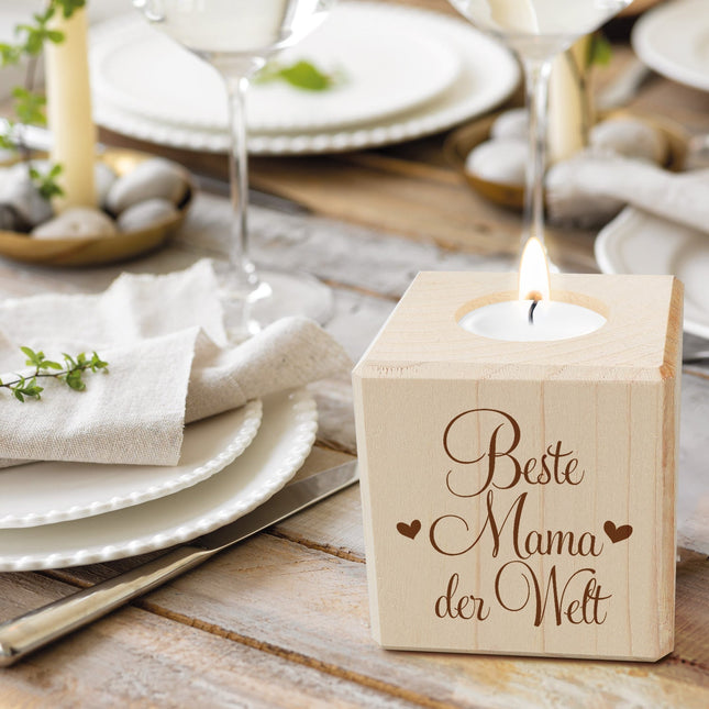 SEO. Teelichthalter mit Gravur aus Holz für Mama - Beste Mama der Welt - Persönliches Geschenk für - Linkreich