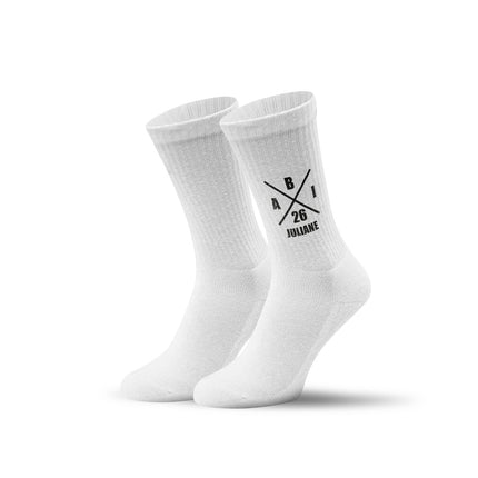 SEO. Tennissocken - Abi Kreuz - personalisiert mit Namen & Jahr - Weiß Linkreich