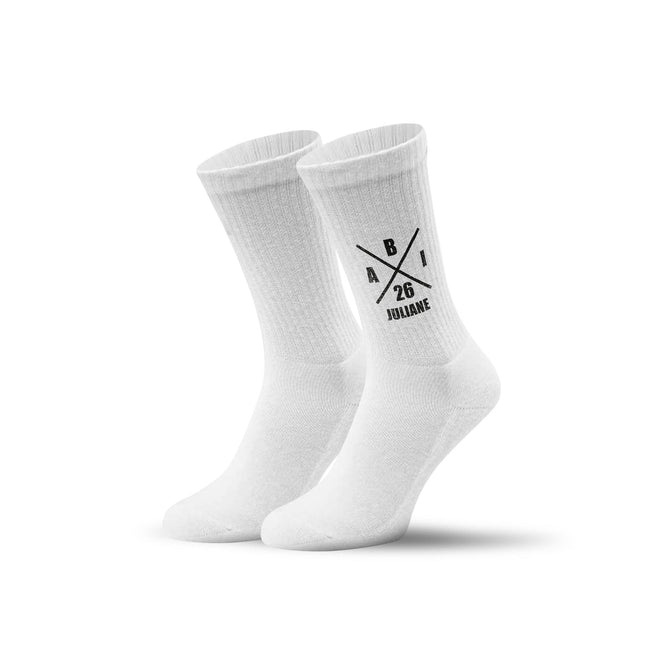 SEO. Tennissocken - Abi Kreuz - personalisiert mit Namen & Jahr - Weiß Linkreich