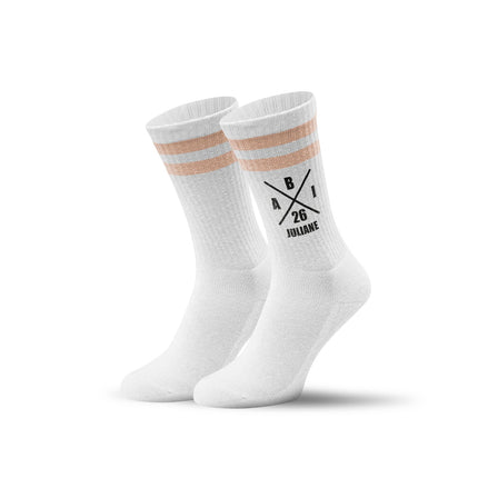 SEO. Tennissocken - Abi Kreuz - personalisiert mit Namen & Jahr - Pfirsich Linkreich